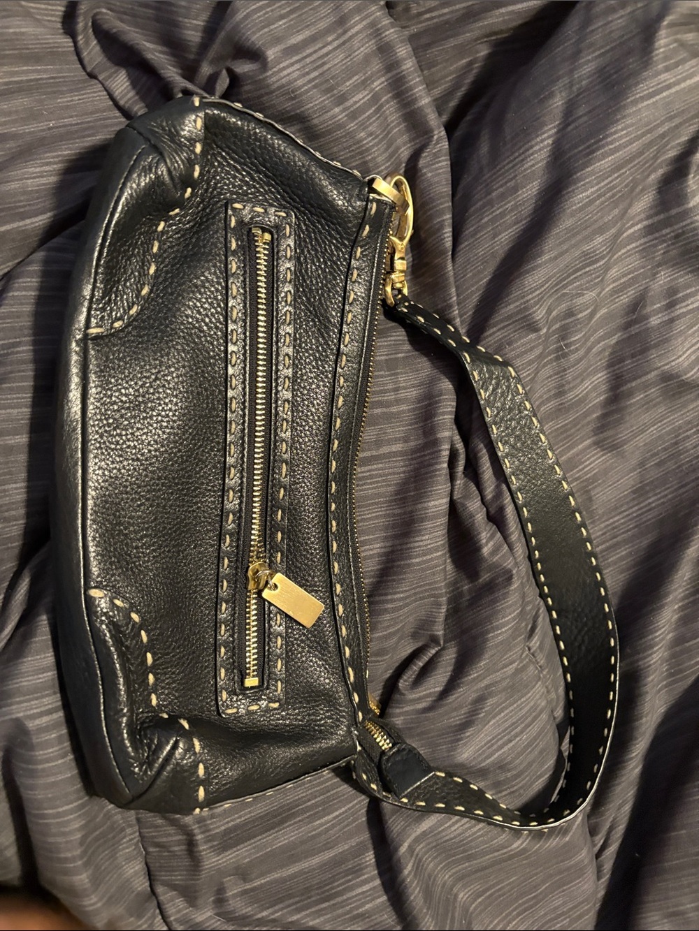 Sigrid Olsen Black Pebbled Leather Wristlet with Gold Hardware